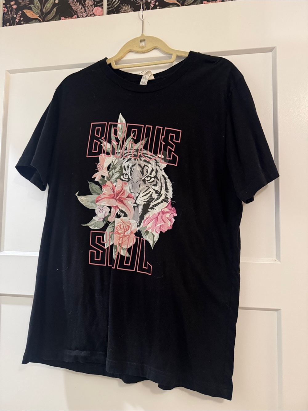 Bella Canvas Black Tee with Tiger & Pink Floral Graphic